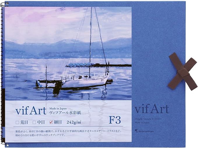 Maruman VifArt Watercolor Artbook- Premium Fine Watercolor Paper, Natural White, F3, 9.02" x 11.57", 15 Sheets/ 30 Pages, Reinforced Cover Sketchbook for Watercolor & Mixed Media, Blue