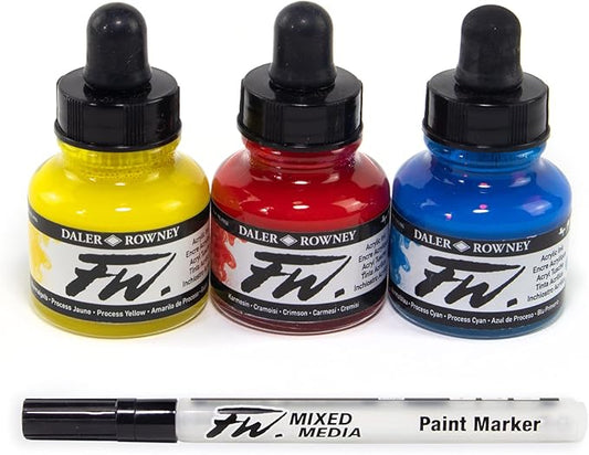 Daler-Rowney FW Acrylic Ink Bottle 3-Color Starter Set with Empty Marker - Acrylic Set of Drawing Inks for Artists and Students - Art Ink Calligraphy Set - Permanent Calligraphy Ink