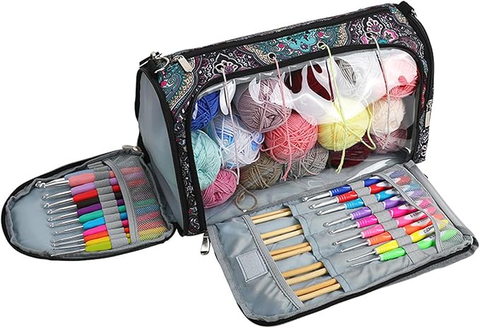 Knitting & Crochet Bag with Zipper, Travel Knitting Bag Yarn Storage for Carrying Project, Yarn, Wool, Knitting Tools Supplies, Multiple Storage Accessory Pockets, Gift for Crafty Friends