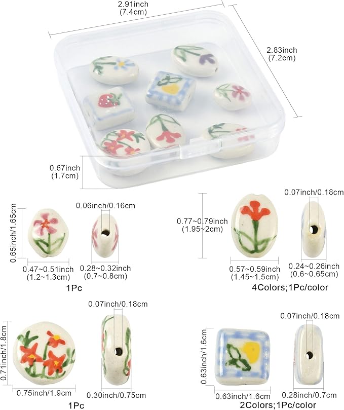8Pcs Flower Porcelain Beads for DIY Jewelry Mixed Shapes Handmade Round Square Oval Floral Spacer Beads for Necklaces Bracelets Earrings Keychains Making and Crafting