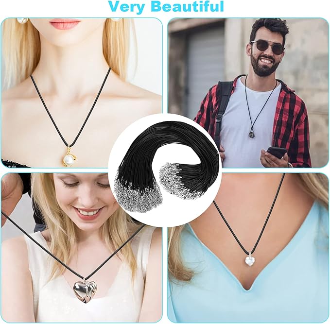 100Pcs Premium Leather Necklace Chains Bracelet Cord with Clasps for Pendants, Bulk Waxed Rope Necklace String, Black , 18" for Jewelry Making Supplies, 1.5mm DHOOZ