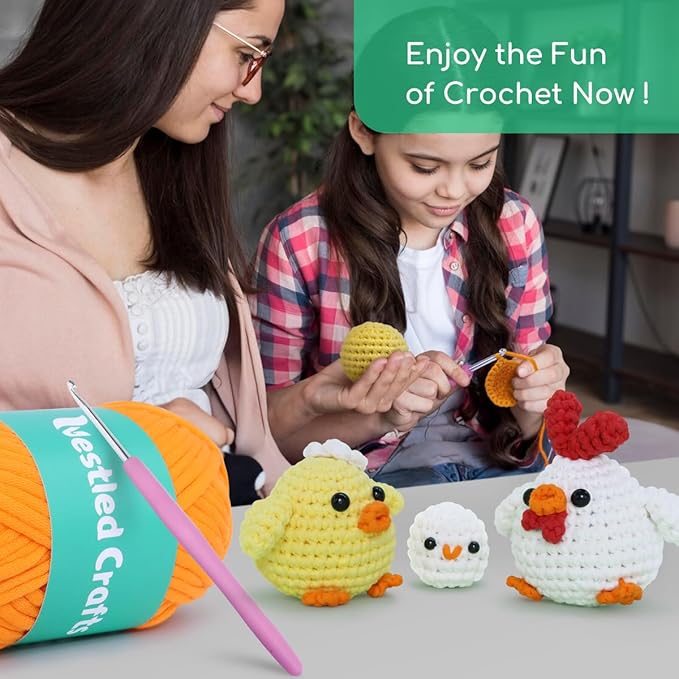 NestledCrafts Beginners Crochet Kit, Amigurumi Crochet Animal Kit, Easy Learn to Crochet with Step-by-Step Video Tutorials, 3PCS The Chick Family for Kids & Adults
