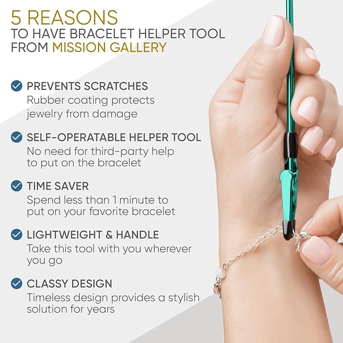 Mission Gallery Bracelet Helper Tool - Fastener Helper Tool for Bracelet, Necklace, Jewelry, Watch - Clip, Clasp Helper - Easy to Put on Yourself, Portable, Made of Metal, Teal