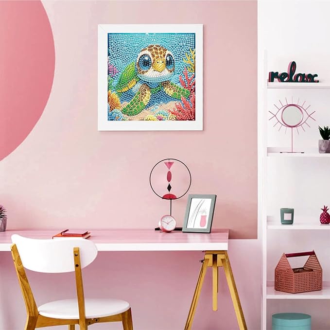 Sea Turtle Diamond Art Painting Kits for Kids with Frame, Animal Diamond Art for Kids Ages 4-8-12 with Frame, Easy Small Cute Gem Painting Kit for Gift Home Wall Decoration (7x7 inch)