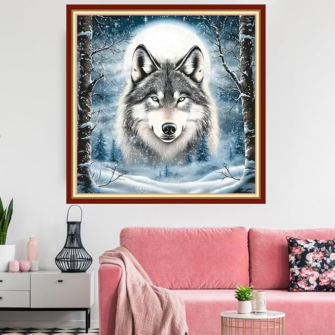 Redxing Stamped Cross Stitch Kits Embroidery kit for Beginners Adults Full Range of Embroidery Patterns Starter Kits DIY Printed Cross Stitch Kits Needlepoint Kits 11CT-Snow Wolf King 18x18 inchs