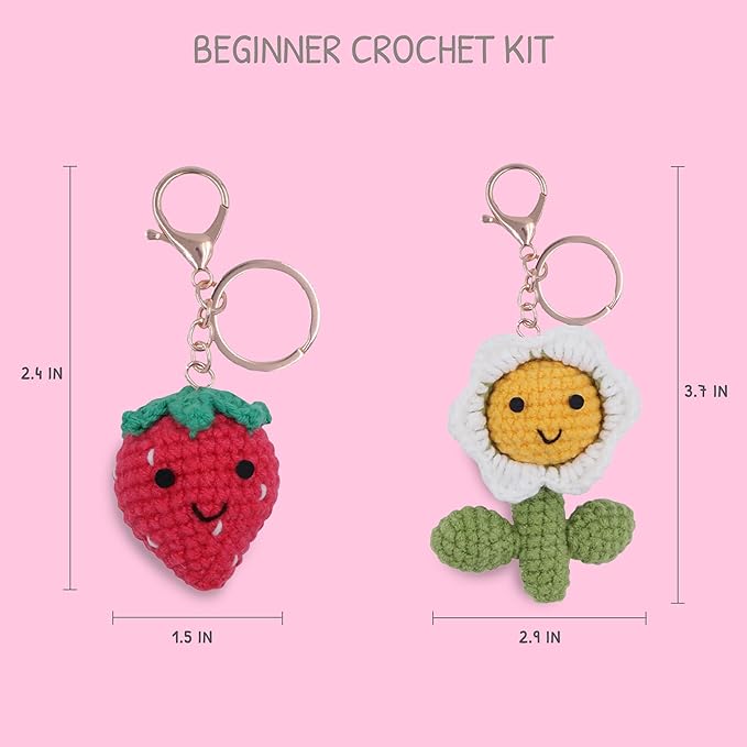 HOUSE CREATIVITY Beginner Crochet Kit for Adults, Beginners Crocheting Knitting Kit with Yarn Sets, Step-by-Step Video Tutorials,Animal Craft Kit, Holiday Birthday Gifts(Strawberry & Sunflower)