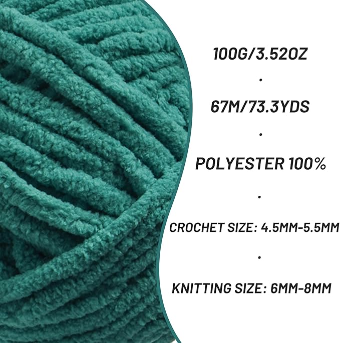 Chunky Chenille Yarn for Crocheting, Baby Yarn for Crocheting Soft Blankets, Bulky Yarns for Crochet Amigurumi, 100g (74.3yds) Fluffy Velvet Yarns for Hand Knitting (Dark Green)
