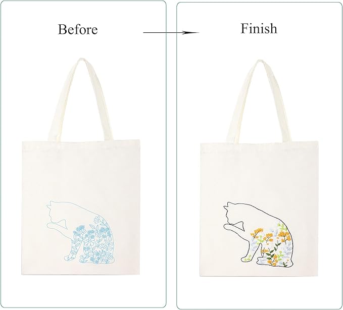 beginner canvas tote bag embroidery kit,white kitten pattern,cross stitch kits, including stamped embroidery bag with 1 embroidery hoops,needle, instructionmanual and color threads