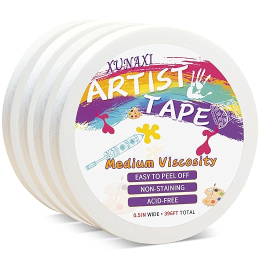 4 Packs Artist Tape Medium Tack White Art Tape for Watercolor Paper Drafting Art Painting Canvas Framing Acid Free Masking Tape- 0.5IN Wide 396FT Long Total