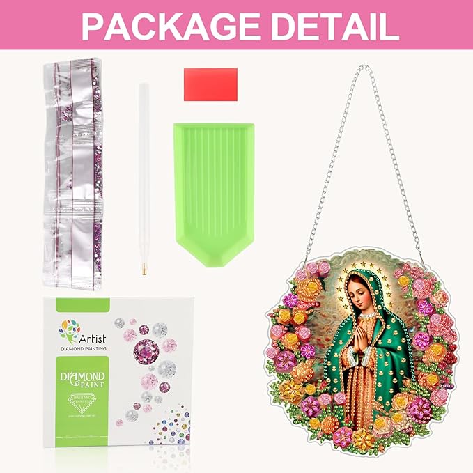 CEOVR Virgin Mary Hanging Diamond Art Kits for Adults, Prayer Special Shape Religious Diamond Painting DIY Gem Art, Windows Pendant Ornament with Chain, Acrylic Home Garden Decor, Box Kit 7.07x7.61In