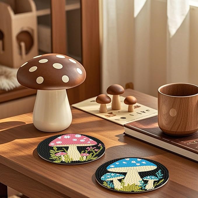 EWJRNSF 8 PCS 5D Diamond Painting Coasters Kits with Holder, Small Diamond Art Kits for Adults Beginners Diamond Dots Arts and Crafts Gems Supplies Item Mushroom Shaped
