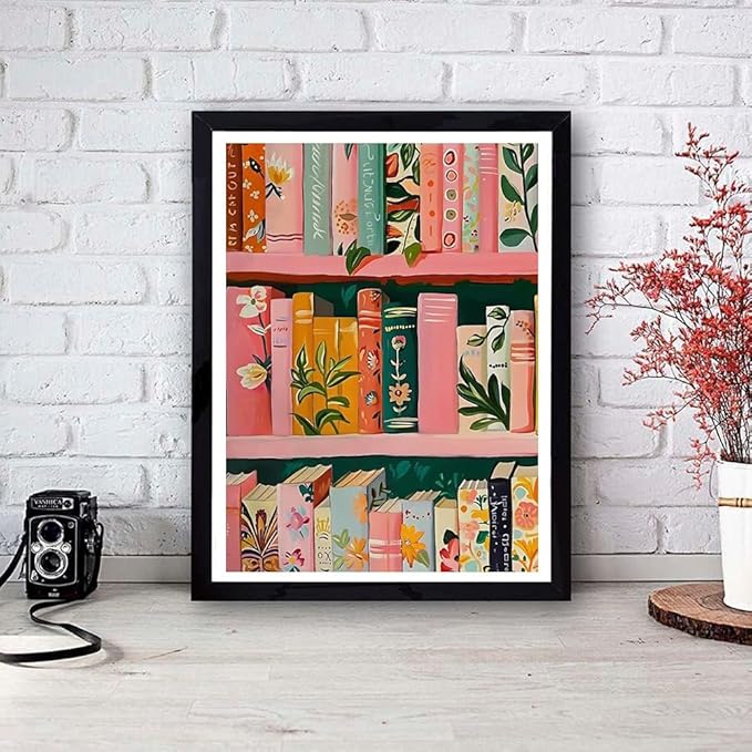 Pink Book Stamped Cross Stitch Kits for Adults - Bookshelf Embroidery Kits for Beginners Adults,11 CT Patterns Dimensions Counted Cross Stitch Kits for Adults Arts Craft 12x16 inch