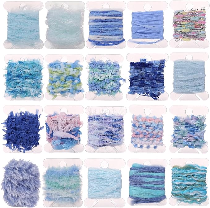20 Pcs of 2-Yard Original Art Yarns - for DIY Art Yarns for Jewelry Making, Junk Magazines, Knitting, Crafts, Textile Decorative, Tassels, Vintage Yarn Card Making (Blue)