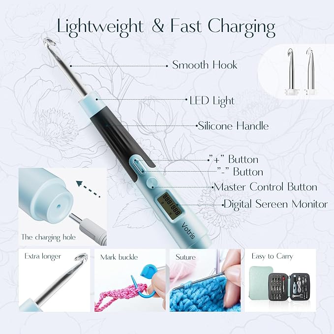 Votris 18 in 1 Counting Crochet Hooks, Light up Crochet Hook Set with Digital Stitch Counter 2.0mm-14.0mm, Rechargeable & Interchangeable Heads Lighted Crochet Hook Set, Ergonomic Handles for Beginner