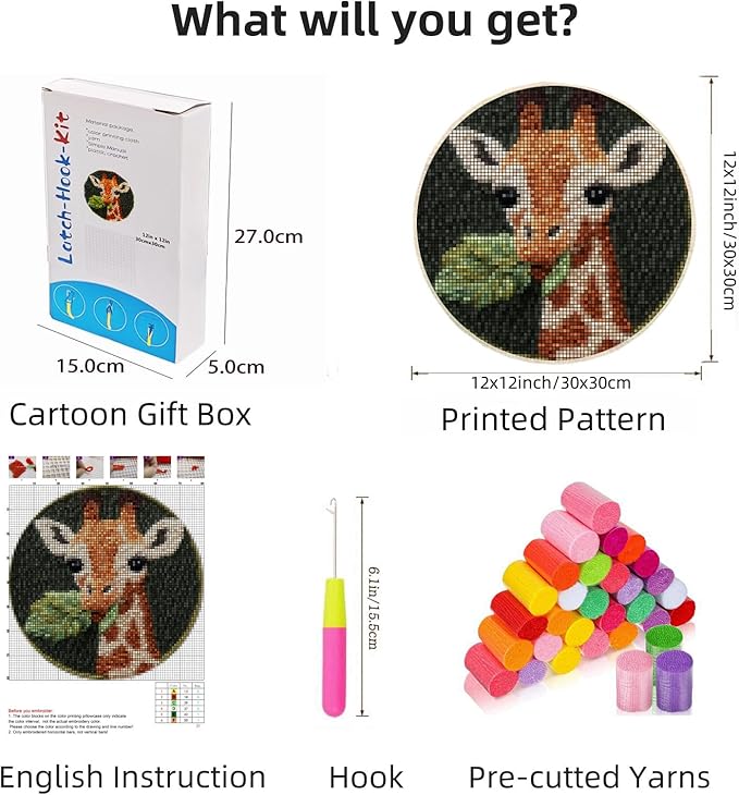Latch Hook Mini Rug Kit Cute Baby Giraffe Chewing Leaf Easy for Beginners Round Shape Carpet Crochet Yarn Craft DIY Hook and Latch Little Tapestry for Home Decor 30x30cm(2)