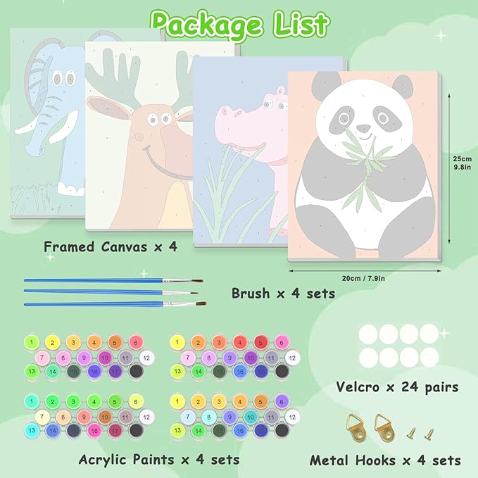 KEYIFA 4 Pack Framed Paint by Numbers Kit for Kids Age 6-12, Easy Animal Paintings for Adult Beginner, Framed Acrylic Canvas Painting for Home Decor Children Gift, 8x10 in (Panda+Elephant+Moose+Hippo)
