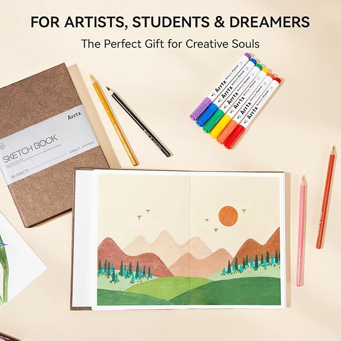 Arrtx Premium A5 Sketchbook, 96 Pages 230 GSM 50% Cotton Acid-Free Paper | Hardcover Art Sketch Book | 8.3 x 5.9 Inch Thick Drawing Pad for Watercolor, Ink, Pencil