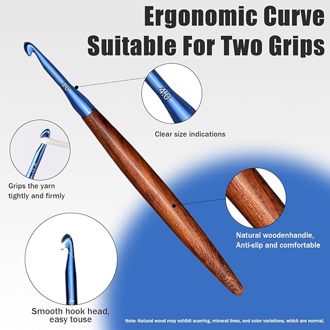Giwrmu Crochet Hooks Set, Ergonomic Crochet Hooks 3 Pcs, Colored Aluminum Crochet Hook with Wooden Handle for Arthritic Hands Knitted Dolls, Gloves, Sweaters, Blankets - 3.0mm/4.0mm/5.0mm