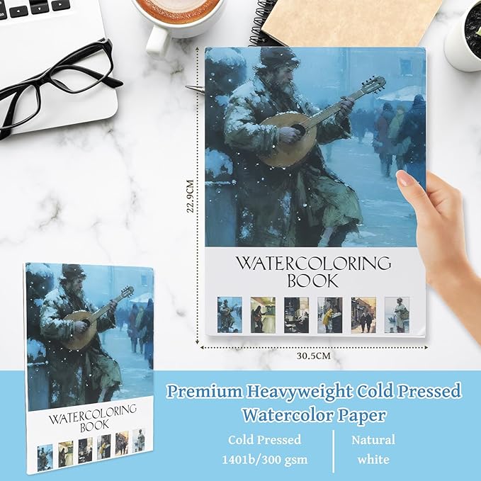 RGBMIX 9x12'' Watercolor Paper Pad Sketchbook 12 Sheets Cotton 140lb/300gsm Pre-Printed Line Art of Couple, Street Musician, Fisherman, Food Cooking Daily Life for Watercolor Acrylic Stress-Relief