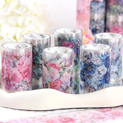 Floral Washi Tape Set, 6 Rolls Wide Aesthetic Decorative Flower Tape for Journaling, Scrapbooking, Bullet Journal, Junk Journal, DIY Crafts and Gift Wrapping (Floral)