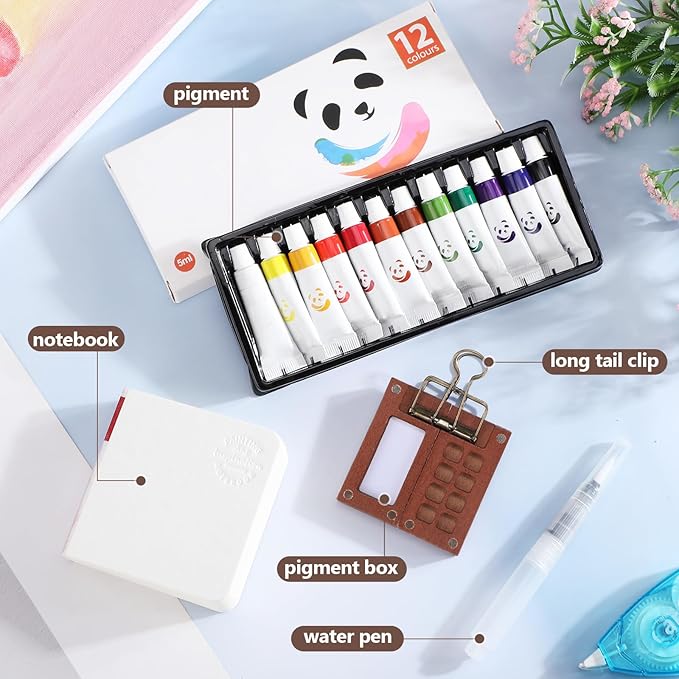 6 Set Mini Watercolor Paint Set Paint Palette Travel Kit Pocket Artist Watercolor Travel Kit with Wooden Grid Palette Box Sketchbook Brush Pens Paints Clips for Beginners Artists Painters
