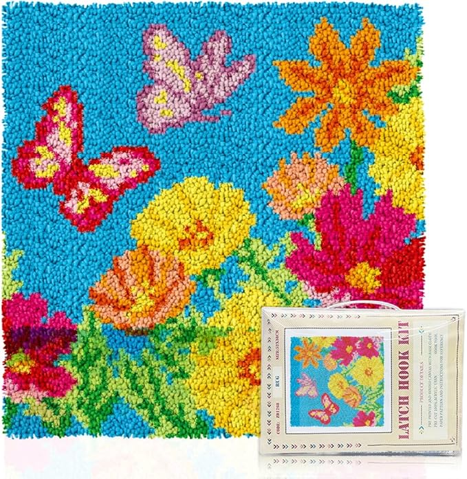 ORIGACH Butterfly & Floral Latch Hook Rug Kit for Adults Printed Rug Making Kit Handmade Carpet Tapestry Cover with Hook Latch and Preprinted Canvas, Home Arts Crafts Sofa Decor, 17.72x17.72inch