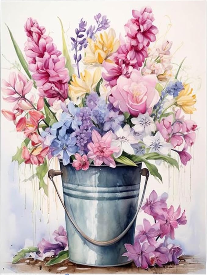 EIBEILI Diamond Painting Kits for Adults, Colorful Flowers in Bucket 5D Diamond Art Kits for Beginner DIY Full Drill Diamond Dots Crystal Craft Kits for Home Wall Decor Gifts 11.8x15.7 inch
