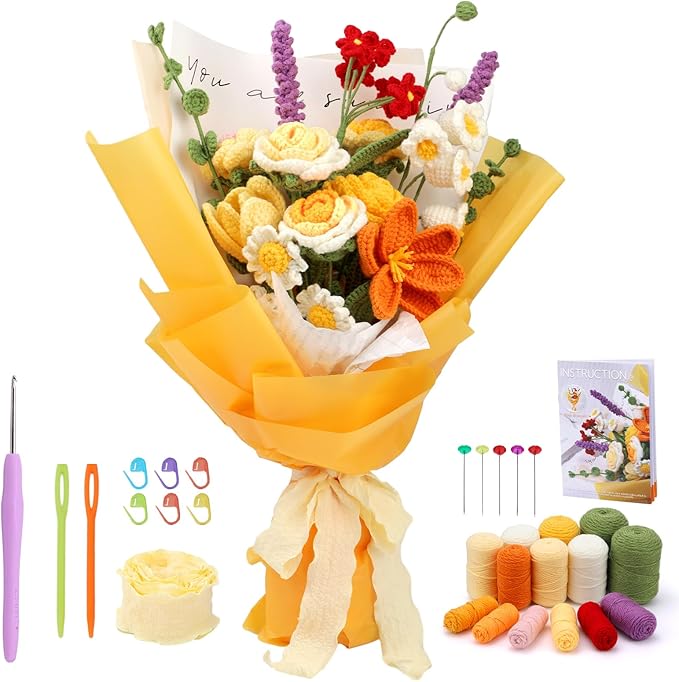 Iuuidu Crochet Kit for Beginners, Flower Bouquet Crochet Kit Rose, Knitting Starter Kit with Crochet Yarn and Step-by-Step Instructions for Birthday, Wedding Anniversary Day Present