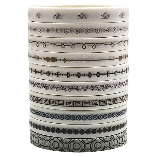 Vintage Pattern 5mm Wide Skinny Washi Tape Set, 10 Rolls Minimalist Japanese Masking Decorative Tapes for Bullet Journal Planners DIY Decor Crafts Arts Scrapbooking Adhesive