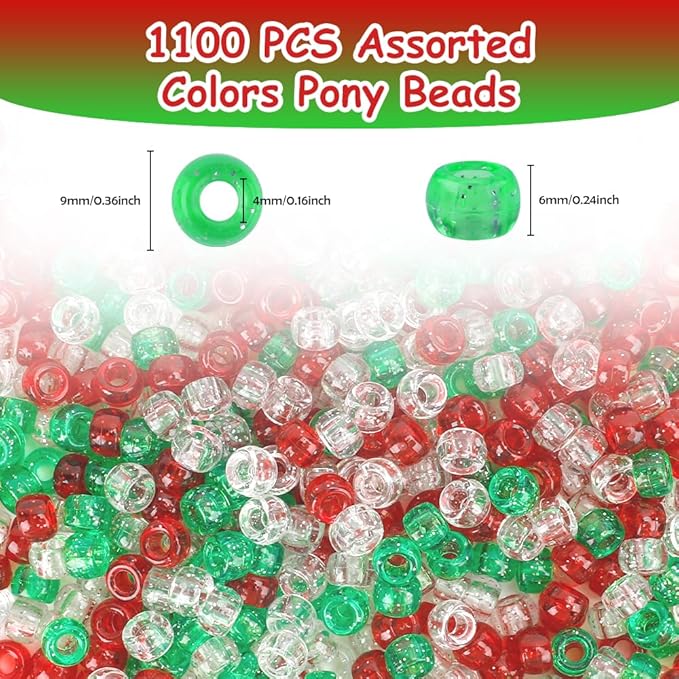 1100 pcs beads,pony beads,beads for jewelry making,beads for bracelets,hair beads,craft beads,plastic beads for crafts,hair beads for kids girls,kandi beads (christmas glitter colors)