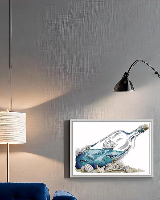 CaptainCrafts Cross Stitch Kits Stamped Cross Sttich Printed Fabric Cross Stitching DIY Art DMC Needlecrafts Embroidery Kit for Adults Beginner (Stamped, Drifting Bottle in The Sea)