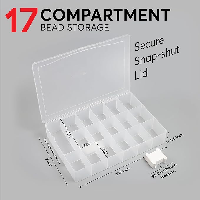 Embroidery Floss Organizer Box with 50 Cardboard Bobbins - 17 Compartments Clear embroidery thread organizer box, Snap-Tight Clear Sewing Organizer - Jewelry Bead Holder (Made in USA)