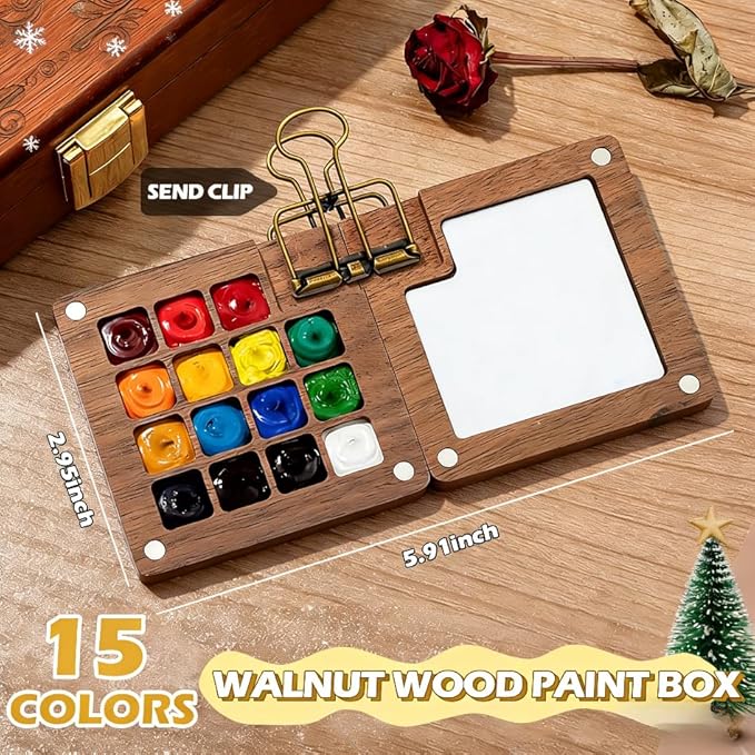 2026 New Mini Watercolor Paint Set with 24 colors and 15 Grids, Sketchbook & Pocket Travel Kit with Brushes, Copper Clips for Beginners and Artists, Walnut Wood