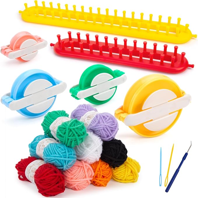 vgoodall 18pcs knitting loom and pompom maker set, rectangle knitting looms pom pom makers with 9 yarn skeins acrylic knitting supplies for beginners christmas hat scarf shawl sweater socks