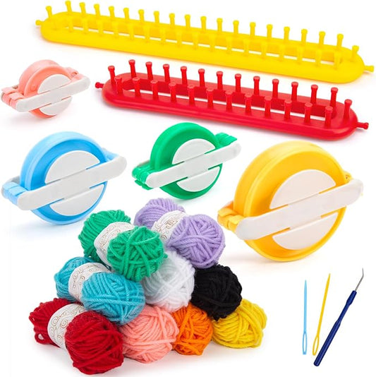 vgoodall 18pcs knitting loom and pompom maker set, rectangle knitting looms pom pom makers with 9 yarn skeins acrylic knitting supplies for beginners christmas hat scarf shawl sweater socks