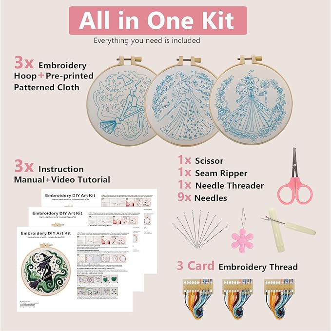 Embroidery Kit for Adults, Pre-Stamped Pattern Embroidery Kit for Beginners, DIY Hand Needlepoint Starter Kit with Hoop Thread Needle Instruction, 6.3'' Hoop (Witch 3 Packs)
