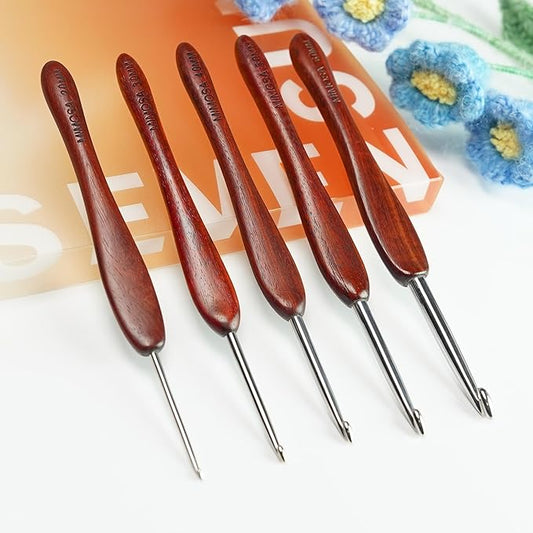 SEVENSUN Mimosa Crochet Hooks Set 5 Pack of 2mm 3mm 4mm 5mm 6mm Crochet Hook, SEVENSUN Hand Polished Ergonomic Crochet Hooks, Stainless Steel Crochet Hook, Wood Handle Pointed Crochet Needle