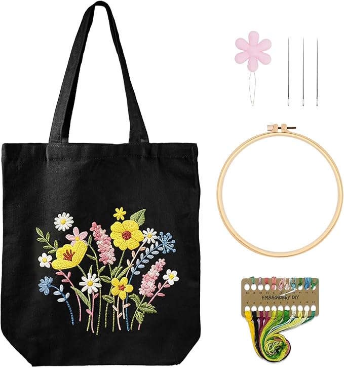 Nuberlic Canvas Tote Bag Embroidery Kit for Beginners Adults -DIY Needlepoint Kit with Floral Pattern Bag Reusable Eco-Friendly Shopping Bag