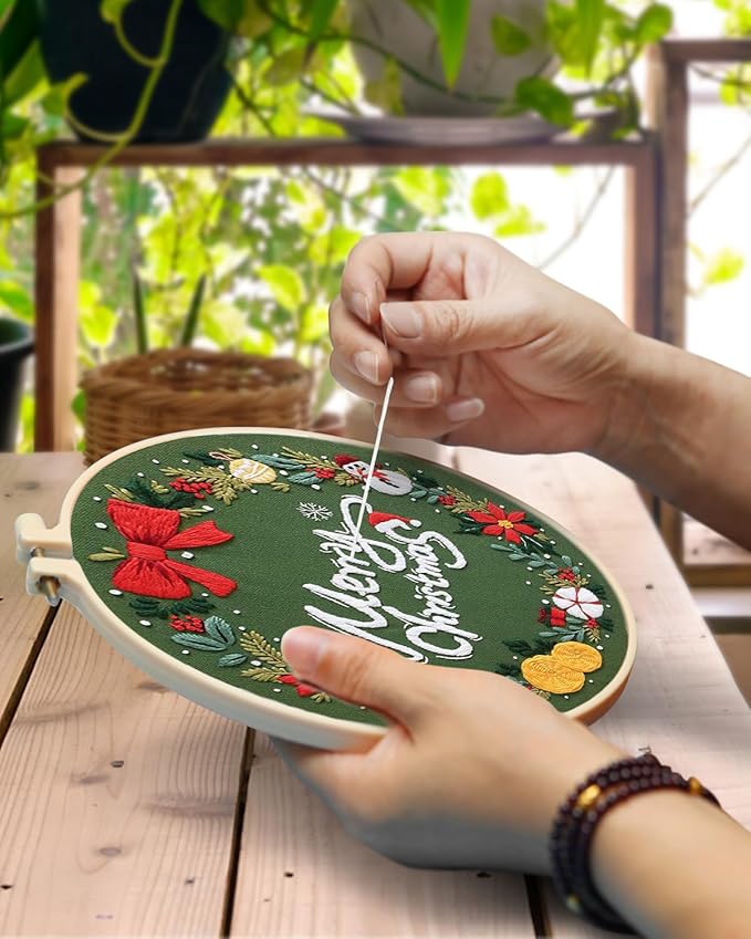 TINDTOP Embroidery Kit for Adult, Owl Embroidery Kit for Beginners Include Embroidery Cloth Hoops Threads for Craft Lover Hand Stitch with Embroidery Skill Techniques (Christmas)