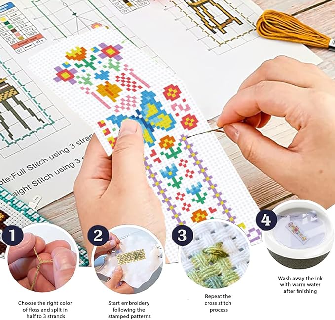 ORIGACH 6 Pcs Cross Stitch Bookmark Kit for Beginner Adults, Spring Flowers Stamped Embroidery Bookmark Kit with Instruction for Starters for Book Lovers