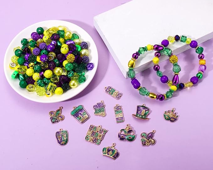 NVENF Mardi Gras Beads & Charms for Jewelry Making, Gold Purple Green Polymer Clay & Acrylic Beads, Letter Spacer Beads for Bracelet & Necklace Making DIY Crafts