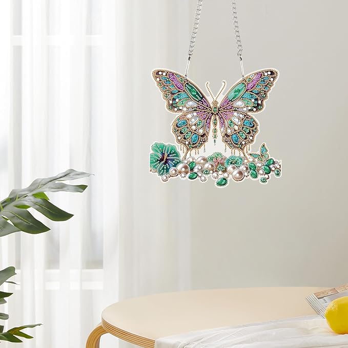 JZHYOAN Butterfly Diamond Art Hanging Kit DIY Hanging Diamonds Craft Ornament Diamond Painting Decorative Sign Wind Chimes with Diamonds Art Window Pendant Acrylic Pendants Crystal Arts Pendant