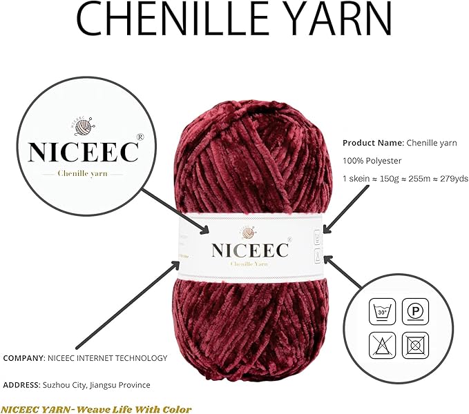NICEEC 2 Skeins Soft Chenille Yarn Blanket Yarn for Knitting Fancy Yarn for Crochet Weaving DIY Craft Total Length 2×255m (2×279yds, 2×150g)_Sauce Red