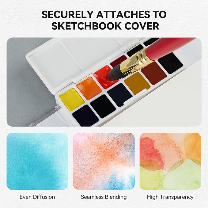 Paul Rubens Travel Watercolor Sketchbook, 24 Sheet 140lb/300gsm 100% Cotton Acid-Free Hot Press Watercolor Journal with Glitter Effect (7.67"x5.31"), with 12-Color Travel-Size Artist Grade Water color