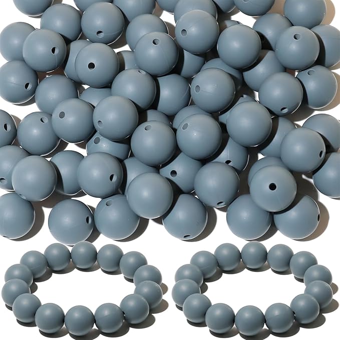 120pcs Richbunnys 15mm Bulk Silicone Beads for Pens and Keychain Making,Large Bead for Necklace and Bracelets Making,Assorted Rubber Beads Set（Dark Gray）