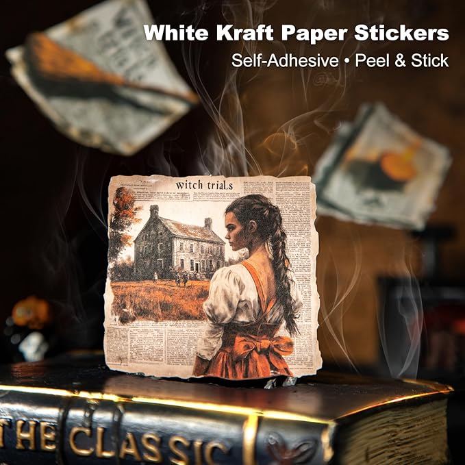 Witch Newspaper Dark Collage Stickers – 80pcs Vintage Gothic Paper Cutouts, Pre-Cut White Kraft Ephemera for Scrapbook Journal Junk Journal DIY Crafts