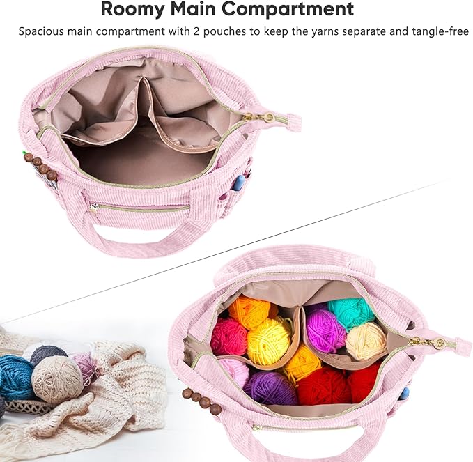 Corduroy Crochet Bag 11.5" Large Yarn Storage Tote with Grommets, Needle Holders – Knitting Bag Organizer for Crochet Hooks, Accessories, Tools & Projects –Gift for Knitters & Crafters