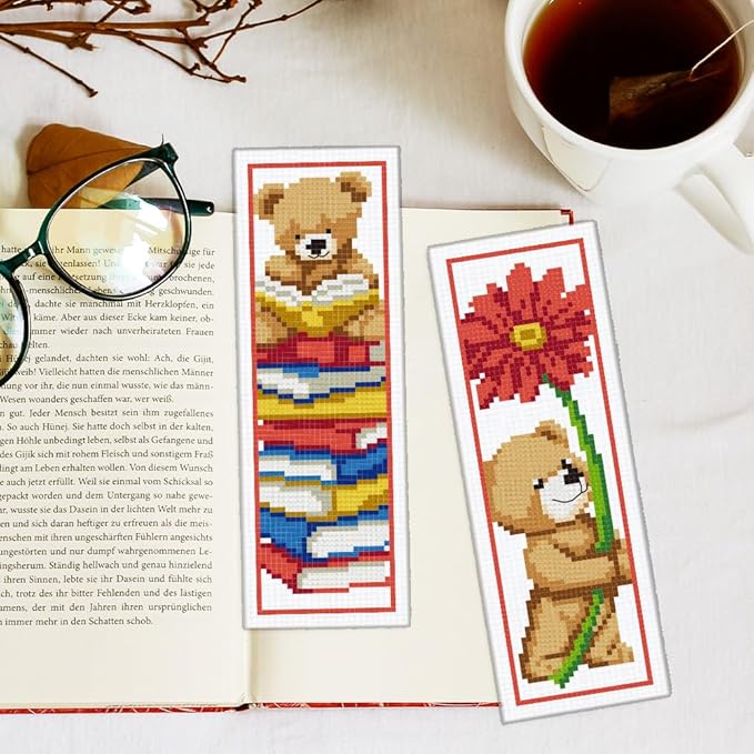 INFUNLY 6PCS Brown Bear DIY Cross Stitch Bookmark Kits 8.5"×2.9" Cute Bear Stamped Embroidery Kits with Instructions Balloons Gift Box Needlepoint Bookmark Kits for Book Lovers Readers Writers