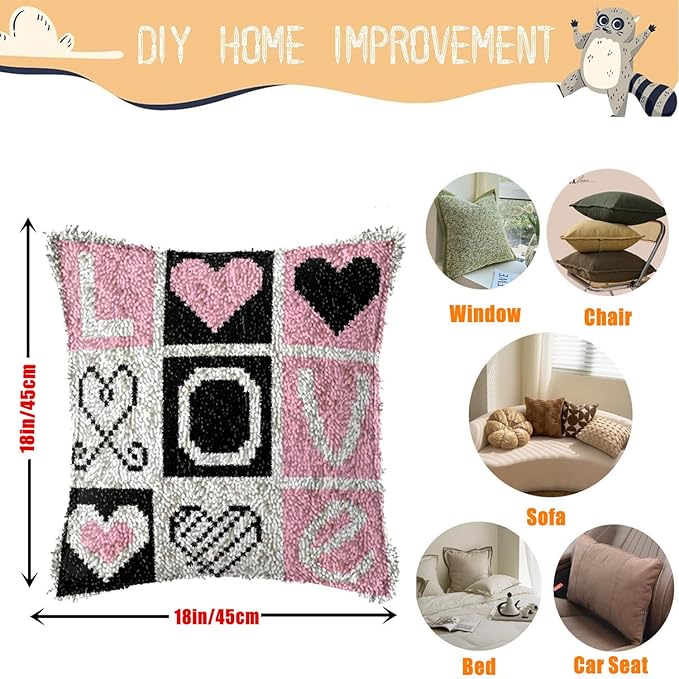 EMISTEM Latch Hook Kits for Adults - Latch Hook Pillow Kits, Crochet Yarn Kit for Beginners, DIY Needlework Crafts Cover Case with Printed Canvas, Gift Packaging. (Love Words,17x17 inch)