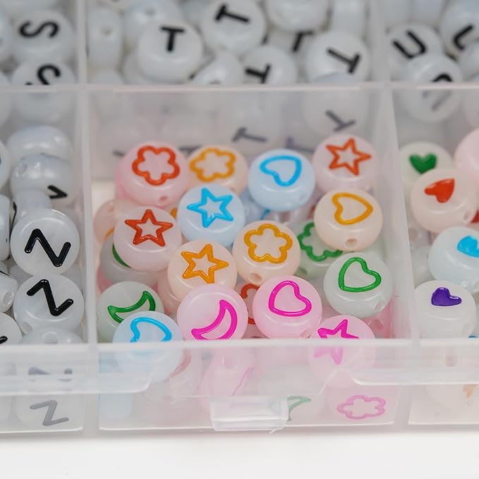 Melius 1450Pcs Acrylic Glow Letter Beads, Alphabetical Glowing in The Dark Beads in 28 Grid Box for Jewelry Making, DIY Bracelets, Necklaces, Key Chains (Glowing, 4x7mm)
